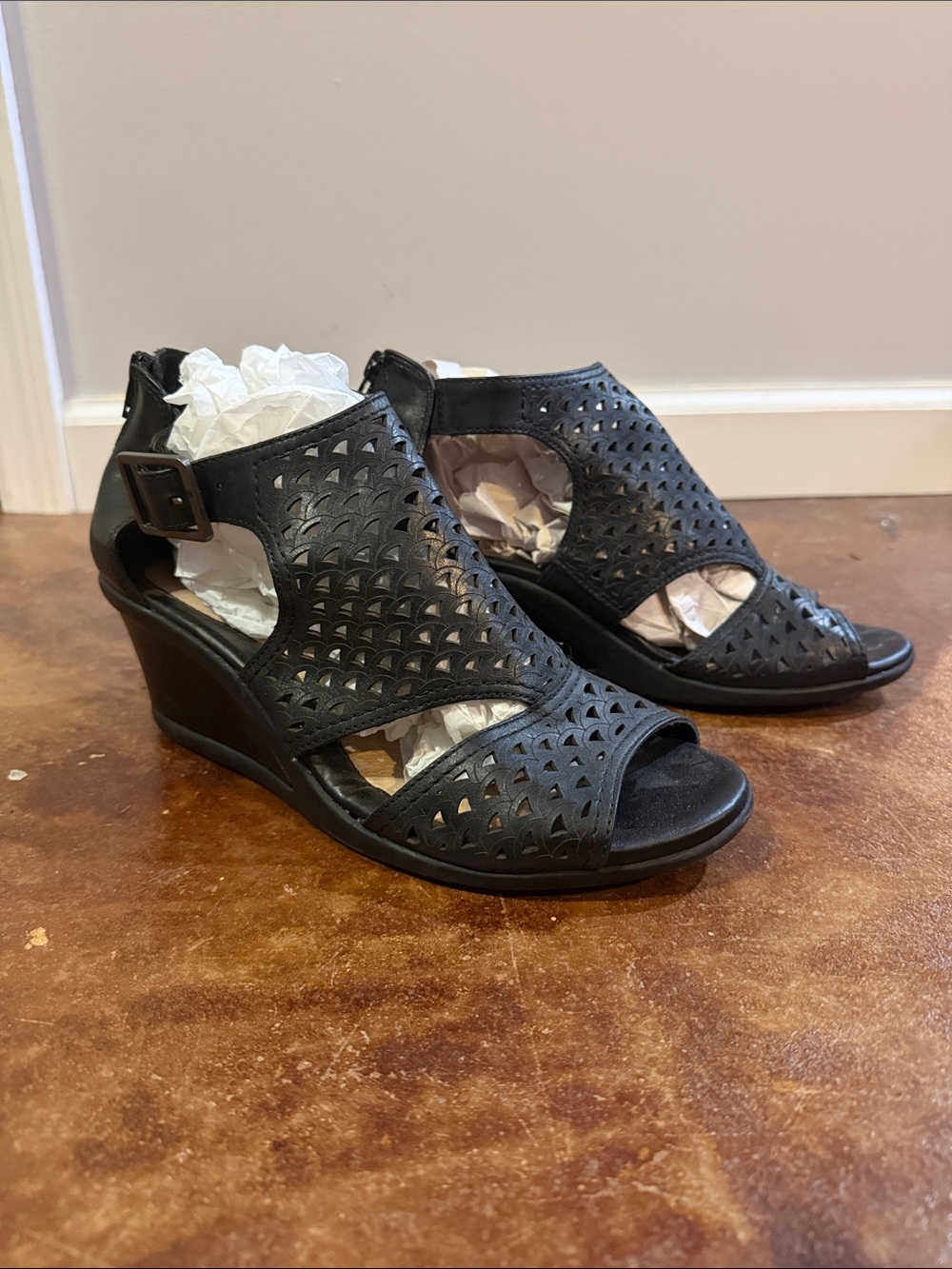 Earth Black Perforated Wedge Sandals with Buckle
